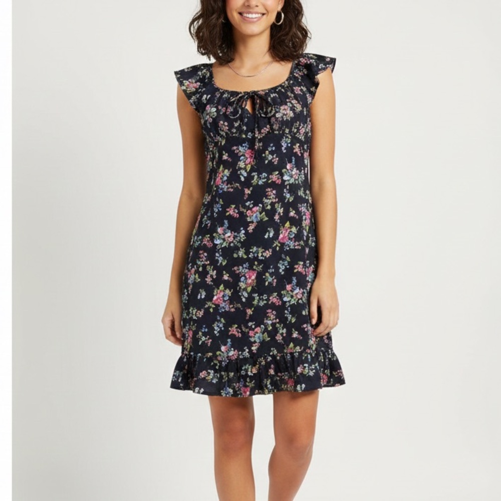 Jonathan Martin Y2K Navy Floral Dress with Ruffle‎ Midi Detail